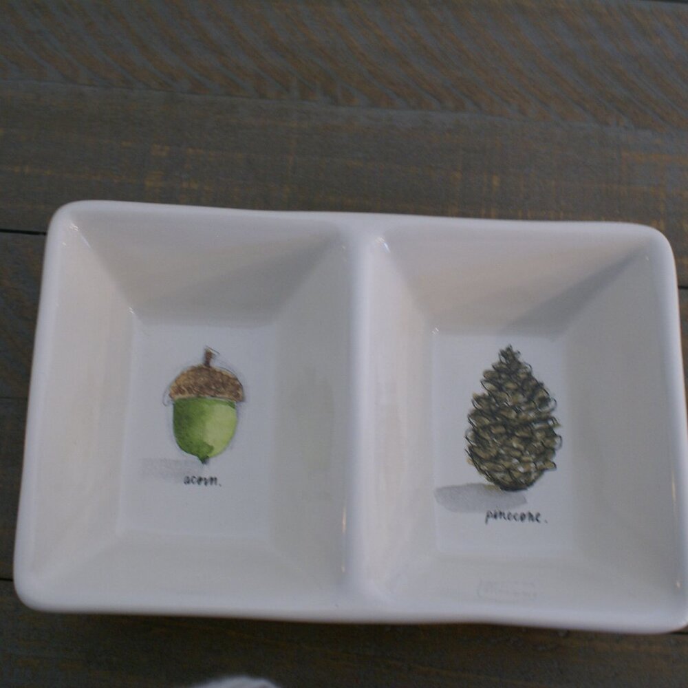 Rae Dunn Artisan Collection Small Divided Dish Acorn Pinecone Ceramic